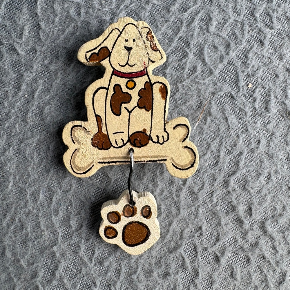 Vintage Hand Painted Wooden Dog Brooch Dangle Paw Print Bone Pin Whimsical Art
